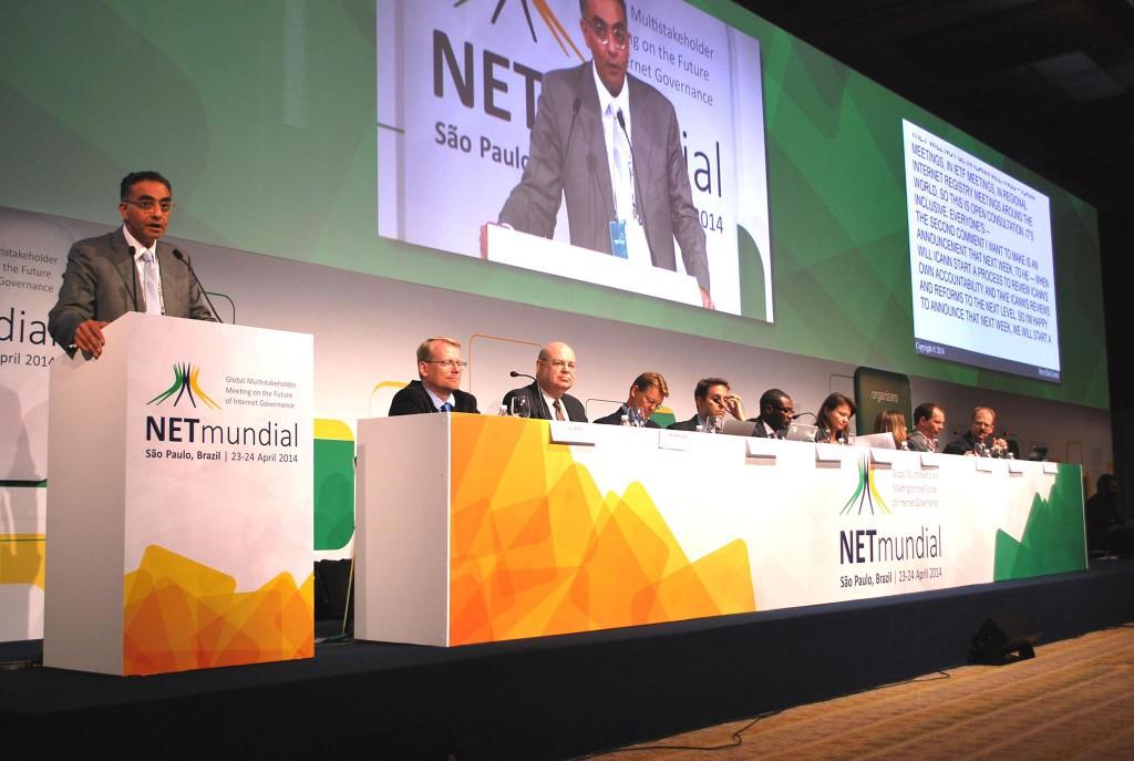 Panellists at NETmundial in Sao Paulo, Brazil, discuss the transition process of the stewardship role of the United States Government over the IANA functions 