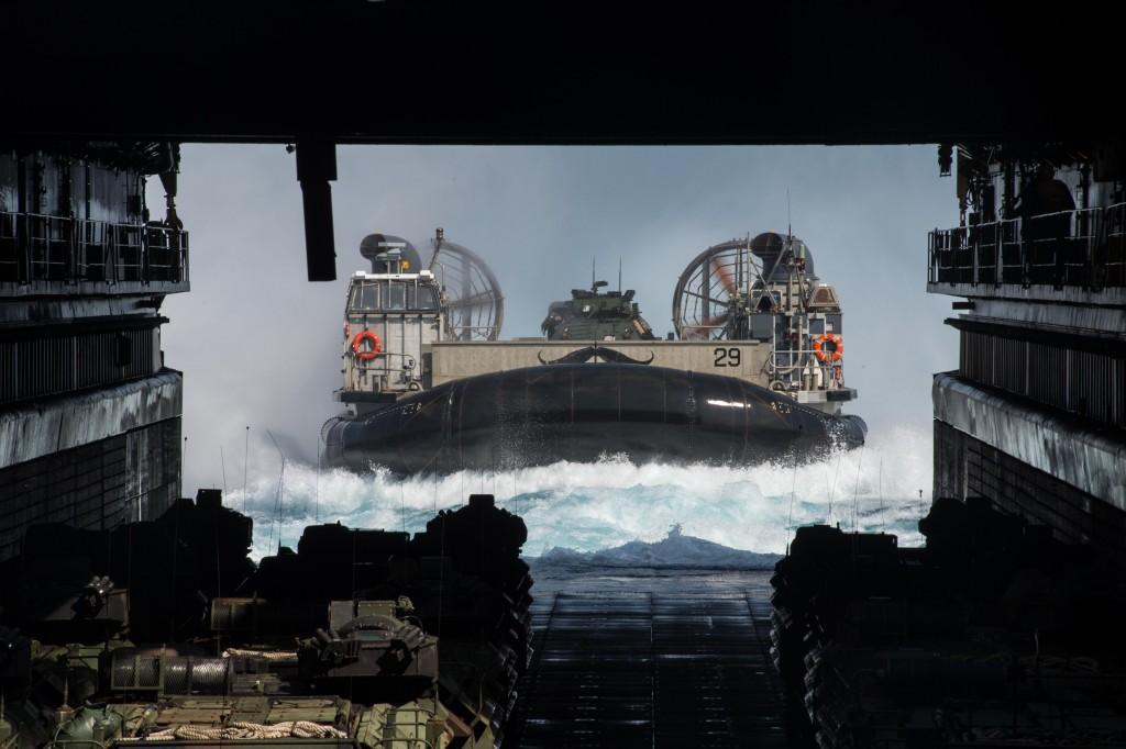 EAST CHINA SEA (March 15, 2015) A Landing Craft Air Cushion assigned to Naval Beach Unit (NBU) 7 enters the well deck of the Whidbey Island-class amphibious dock landing ship USS Ashland (LSD 48). Ashland is part of the Bonhomme Richard Amphibious Ready Group and, along with the embarked 31st Marine Expeditionary Unit (31st MEU), is conducting a certification exercise. (U.S. Navy photo by Mass Communication Specialist 3rd Class Christian Senyk/Released)