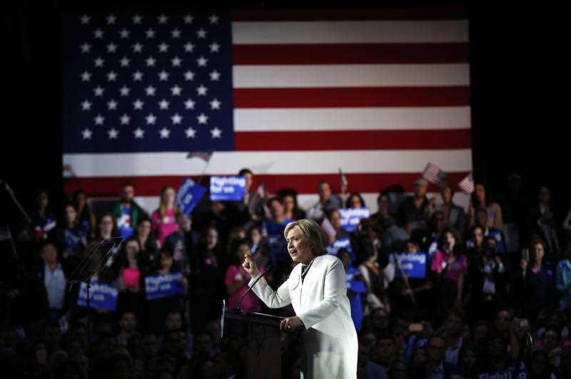 Democratic presidential candidate Hillary Clinton addresses supporters at her Super Tuesday election night rally in Miami, Tuesday, March 1, 2016.