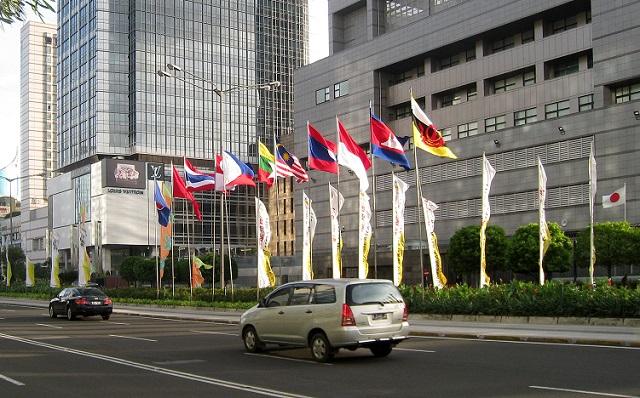 The flags of ASEAN nations raised in MH Thamrin Avenue, right in front of Japanese Embassy in Jakarta, during 18th ASEAN Summit, Jakarta, 8 May 2011.